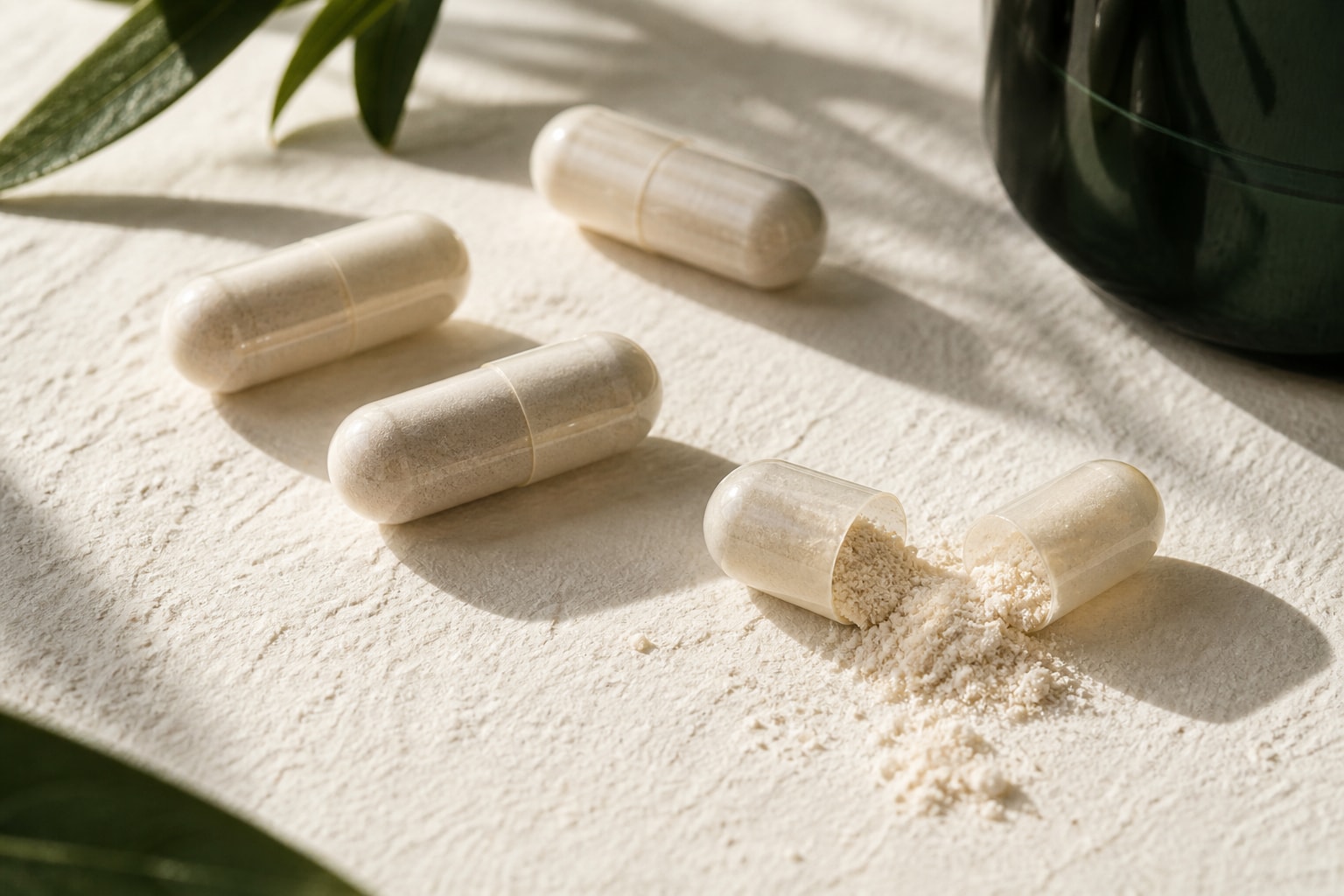 Capsule-format concept showing ivory capsules and an opened capsule on a textured surface.