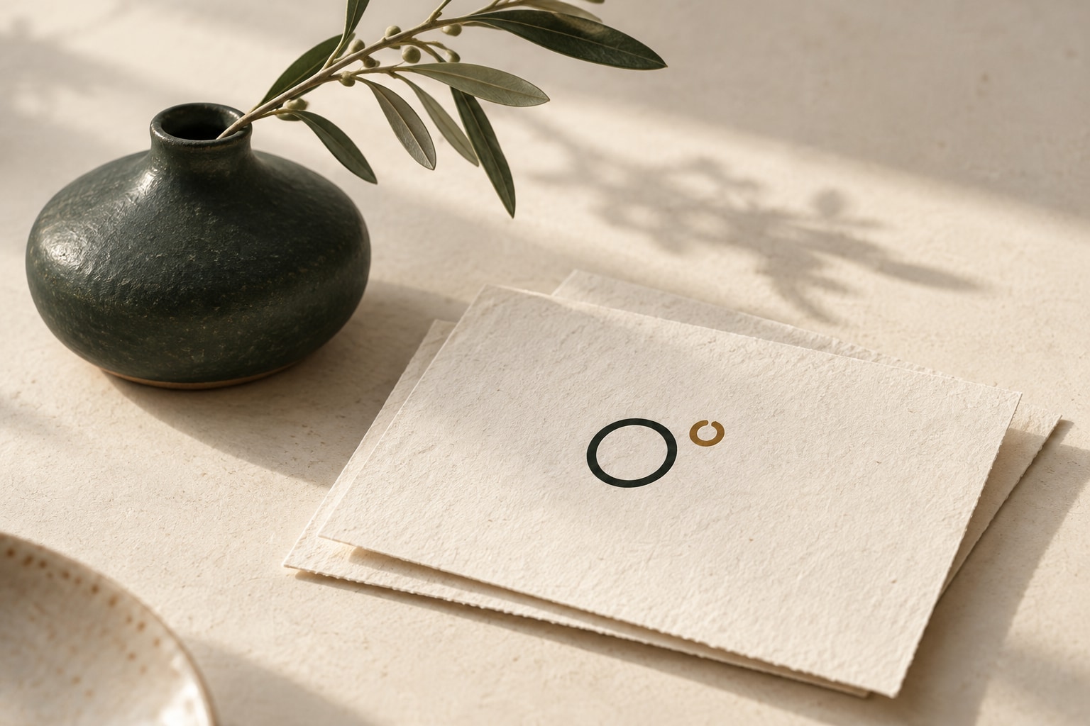 Cream paper and a forest-green ceramic vessel, lit by an afternoon window.