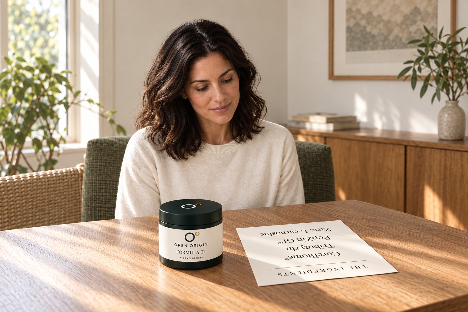 A woman reviewing an ingredient card beside an Open Origin concept jar at home.